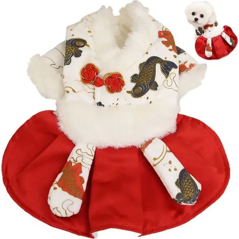Jupe du Nouvel An avec chiens - robe chaude pour chat - cheongsam - vêtements d'hiver pour animaux de compagnie - costume de Noël pour chats - ours en peluche - bichon - chiens de petite et moyenne ta