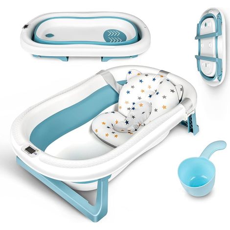 XXL Baignoire Pliable Bébé avec Thermomètre à eau, Coussin, Rince Tete Bebe, Baignoire Bebe, baignoire bebe pliable pour les bébés de 0 à 6 ans, 83 X 50 X 21 cm (Bleu) (1/5)