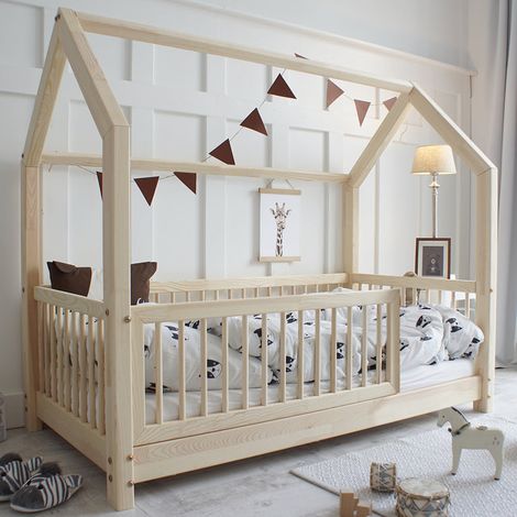 Cama 90x200 con barandilla y somier patas de 5 cm Florie Madera (1/4)