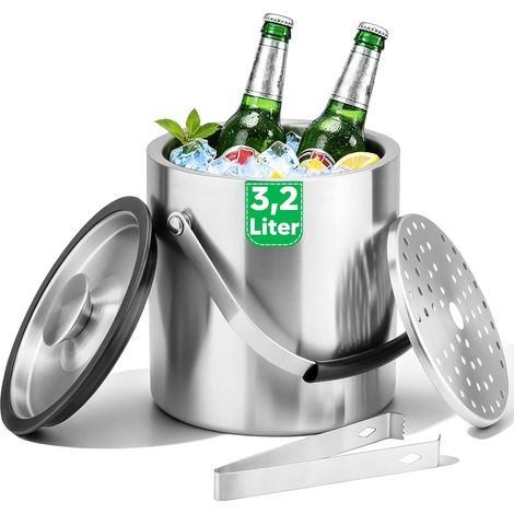 Bac à glaçons 3,2 l en acier inoxydable avec couvercle, clips et passoire, bac à glace portable pour bière, champagne pour fêtes, bar et camping (1/5)