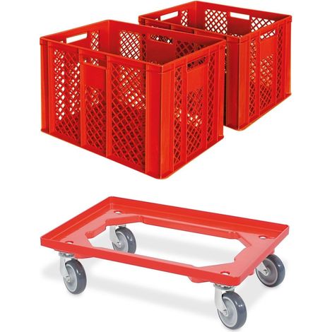 BRB Lot de 2 bacs euro/caisses de boulangerie, L x l x H 600 x 400 x 410 mm avec chariot de transport (rouge)