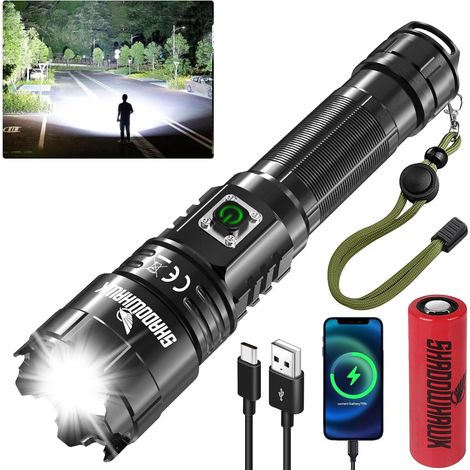 Lampe Torche LED Ultra Puissante, 500000 Lumens Lampe de Poche Rechargeable, XHP70.2 Lampe Tactique, IP67 Étanche, 5 Modes USB Torche, pour Camping Randonnée Urgence