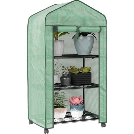 Mini serre de jardin avec 3 étagères, bâche PE haute densité, porte enroulable, 4 roulettes, dim. 69L x 49l x 130H cm