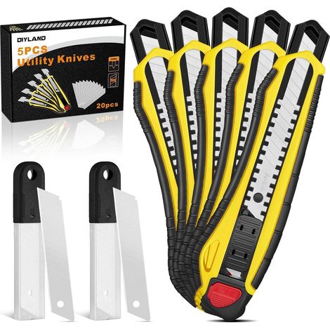 5er Cuttermesser Set mit 20 Ersatzklingen, Teppichmesser Profi mit Gummigriff