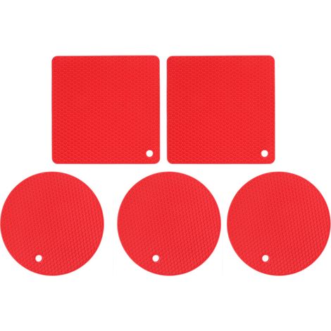 Lot de 5 dessous de plat en silicone carrés et ronds, alvéolés, antidérapants et résistants à la chaleur, pour plaques de cuisson, poêles et casseroles (rouge). (1/5)