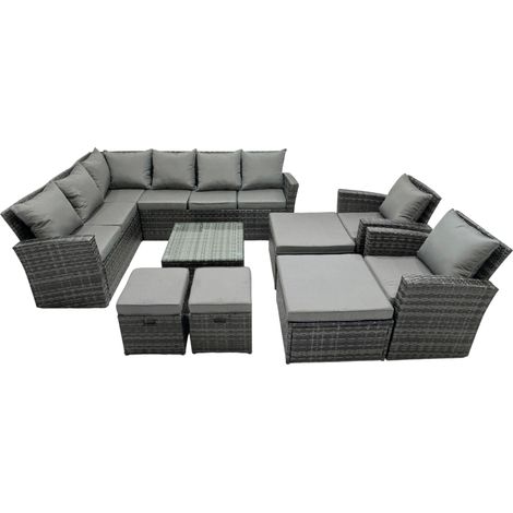 Fimous 12 Seat Poly Rattan Outdoor Patio Coffee Table Corner Sofa Set with 4 Stool 2 Chairs for Garden Backyard Dark Grey Mixed (1/5)