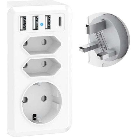 Adaptateur Voyage 7 en 1 avec 3 USB et USB-C Adaptateur France vers UK Prise Anglaise Adaptateur UK Type G pour Irlande Malaisie Angleterre Royaume-Uni Dubai (1/4)