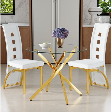 Esstisch Set rund 88 cm mit 2 Stühlen Glas PU-Leder OKMYHOME (1/5)
