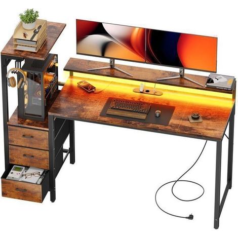 EcoFurnix Bureau gaming avec LED 152 cm – Table ordinateur avec support écran, Étagère de rangement et tiroir en tissu – Marron