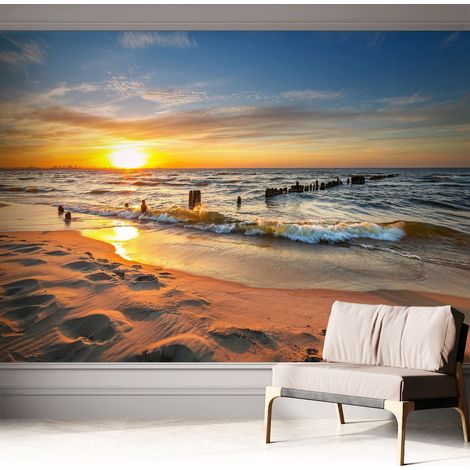 Papier peint adhésif autocollant pour salon chambre à coucher peint imprimé Installation facile Coucher de soleil sur la plage 312x219 cm (1/5)