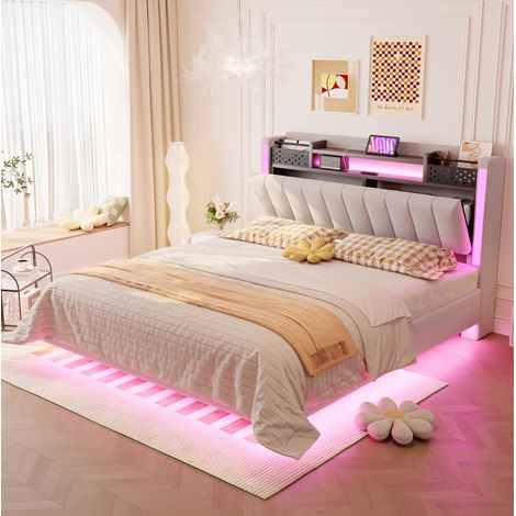 Lit adulte double 140 x 200 cm, lit flottant avec éclairage LED et ports USB, tête de lit capitonnée avec rangement, tissu en lin beige (1/5)