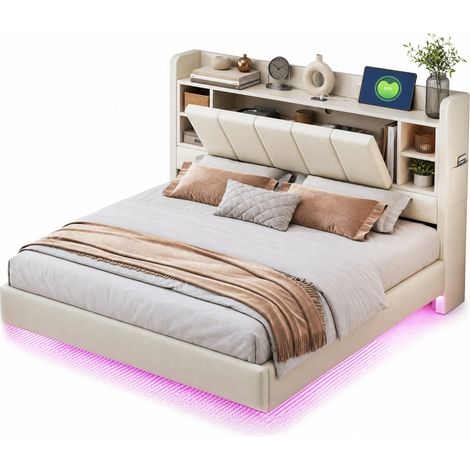 Letto matrimoniale 140x200 cm beige in tessuto lino con USB, LED e contenitore - CHICFURN (1/5)