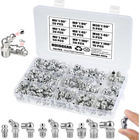 170 Pièces Assortiment Graisseur M6 M8 M10 Kit à Visser en Fer Nickelé Droit et Coudé 45°/90° pour Équipement Mécanique, Voitures, Bateaux, Tracteurs (1/4)