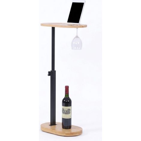 Mesa auxiliar tipo C de bambú con altura regulable y estructura metálica.