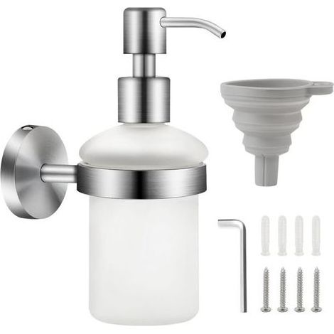 Distributeur de savon en verre - 200 ml - Shampoing - Bouteille de gel douche - Montage mural - Boîte de désinfection des mains - Porte-savon - Bouteille en verre satiné avec support amovible (1/5)