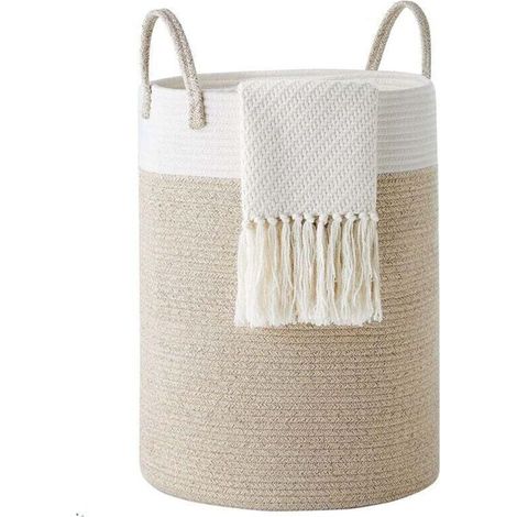 Panier à linge en corde de coton par,58L Panier à linge pliable tissé Panier de rangement pour couvertures,organisation de buanderie, rangement de chambre à coucher, panier à vêtements Marron