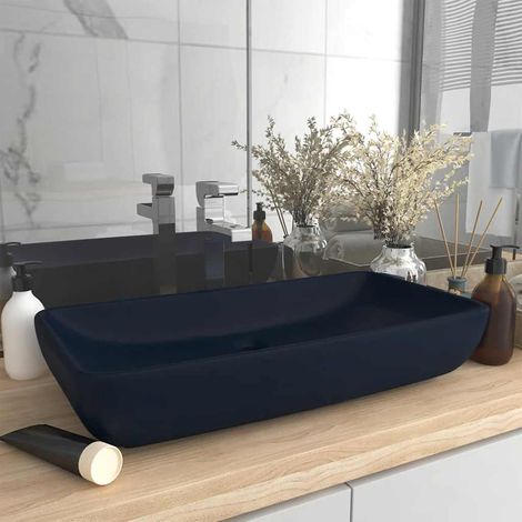 Vasque rectangulaire de luxe, bleu foncé mat, 71 x 38 cm, céramique (1/5)