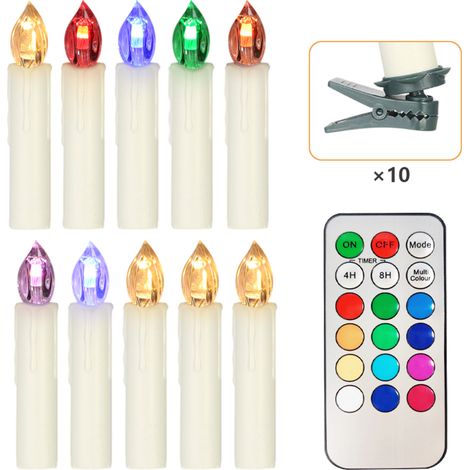 Lot 10 bougies LED sans flamme télécommandées, changement de couleur, réalistes avec pinces (alimentées par piles) (1/5)
