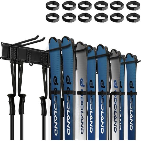 Kit de Support de Rangement à Skis pour 6/4 Paires Snowboards, 6/4 Crochets, 12/8 Sangles, 2/3 Plaque d'Accrochage, Support Mural Skis pour Maison Garage, Jusqu'à 300 LBS (1/5)