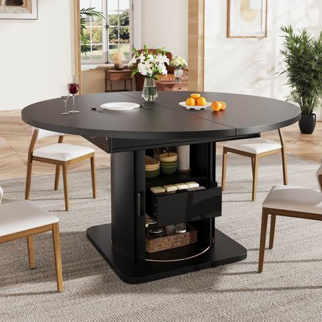 Table à manger extensible ronde 118/158x118x76 cm, transformable en ovale, 6, avec tiroirs, gain de place, moderne, noir (1/5)