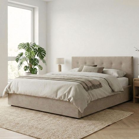 Lit coffre 140x190 velours côtelé taupe avec tête de lit Terre de Nuit (1/5)