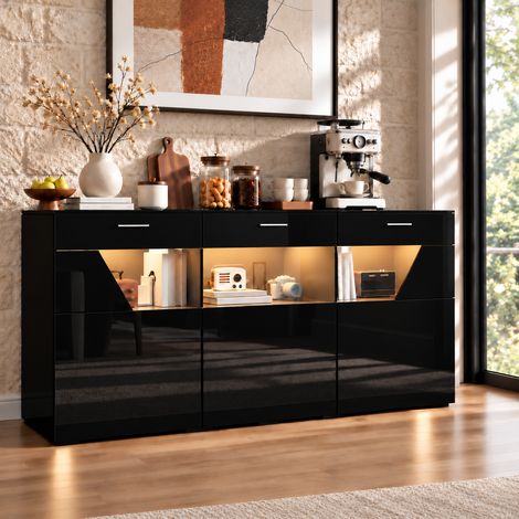 Buffet avec éclairage LED, Bahut de salon, Meuble de rangement salle à manger, 3 portes avec vitrine en verre, Finition haute brillance, 160x38x78 cm, Noir (1/5)