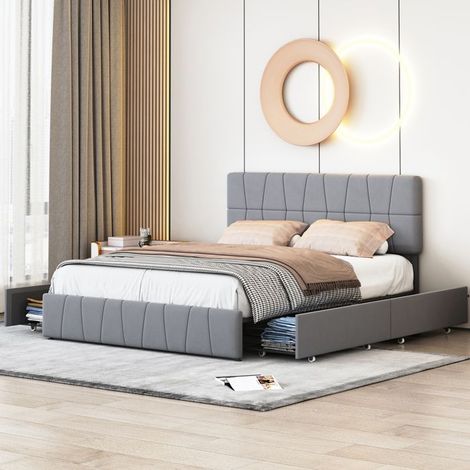 Doppelbett mit gepolstertem Kopfteil - TANANT - 160x200cm - Verstellbares Kopfteil - 4 Schubladen - Graues Samtgewebe