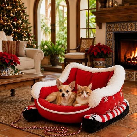 Weihnachtlicher Hundekorb, korbförmiger Weihnachtsmannschlitten für Kleintiere, rot: M (1/5)