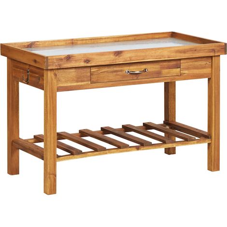 Table de jardin en bois d'acacia massif 100 x 50 x 60 cm avec plan de travail en zinc finition naturelle marron