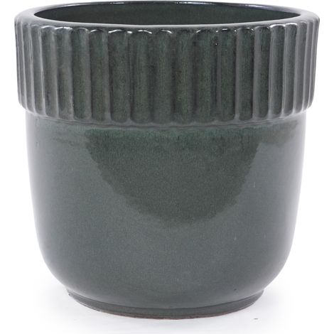 Set de 3 macetas de cerámica verde oscuro brillante con drenaje para jardín y balcón (1/5)
