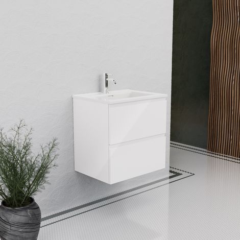Inda - Badezimmerschrank B.60 mit glänzendem Waschbecken / Hochglanzweiß 2 Schubladen - Rubin (1/5)