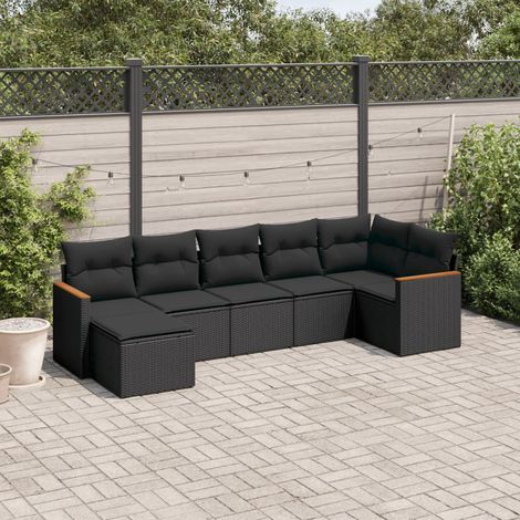 7-tlg. Garten-Sofagarnitur mit Kissen Schwarz Poly Rattan (1/3)