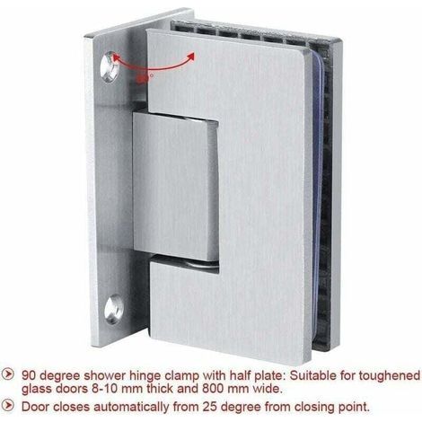 Abrazadera de puerta de vidrio de 90°, bisagra, clip de montaje en pared sin marco para puertas de ducha de vidrio de 8-10 mm con tornillo accesorio. (1/4)