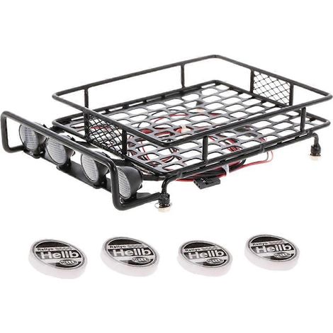 Galerie de toit métallique de 170 mm x 1040 mm compatible avec les voitures RC à l'échelle 1/10, avec feux LED ronds et couvercles. (1/5)