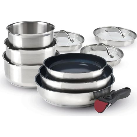 Batterie de Cuisine à Induction 10 Pièces - Set de 3 Casseroles, 3 Poêles Anti-Adhésives, 3 Couvercles et Poignée Amovible - Acier Inoxydable - Tout Feu - Argenté/Noir (1/5)