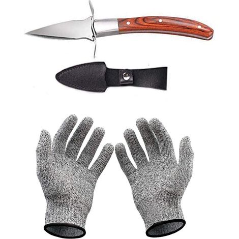 Ensemble couteau à huîtres et gants résistants aux coupures, ouvre-huîtres et gants de protection pour coquillages ou fromages à pâte dure - Oyster Knife (cuisine, jardinage, DIY) (Marron, Milieu) (1/5)