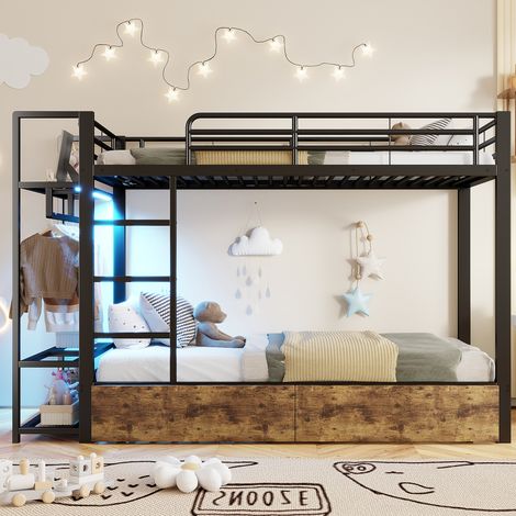 Lit superposé 90x200 avec led et rangements - métal et mdf - 2 tiroirs et étagères - tringle - charge 120kg - noir (1/5)