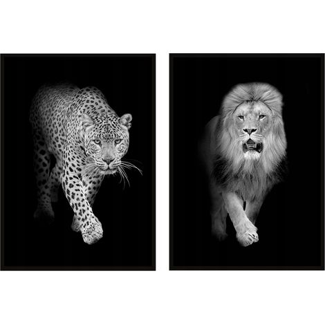 CUADRO ENMARCADO 53x73cm Díptico Conjunto de 2 cuadros Felinos Salvajes Guepardo León P1020 (1/3)