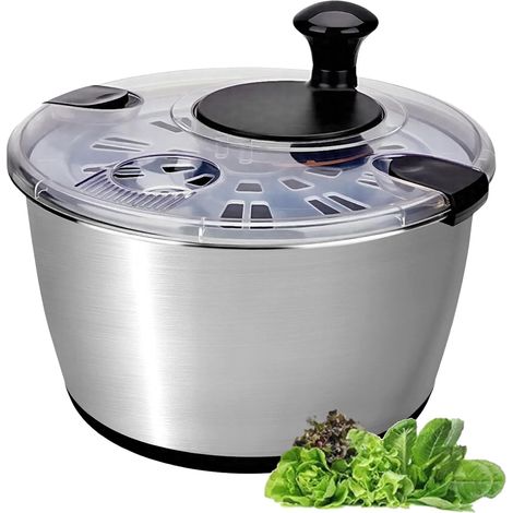 Essoreuse à salade en acier inoxydable 18/10 avec manivelle, bol 6 L avec couvercle, antidérapante et compatible lave-vaisselle – Essoreuse pour salade, légumes et fruits (1/5)