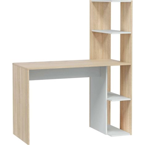 Dmora - Scrivania Abba, Scrittoio lineare con libreria, Tavolo ufficio multiuso salvaspazio, 110x52h136 cm, Bianco e Rovere (1/4)