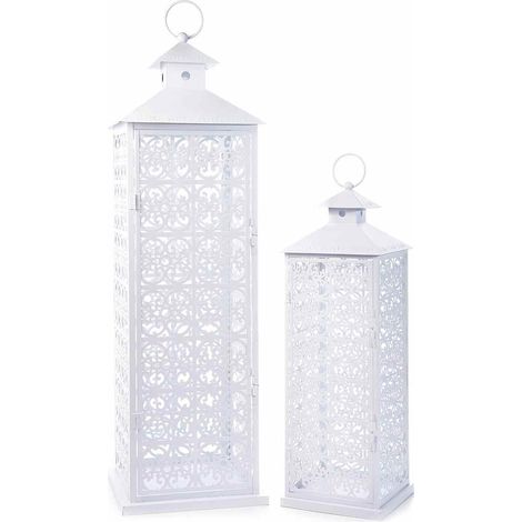 Lanterne Portacandela Rettangolari in Metallo Traforato Colore Bianco Da pavimento Set da 2 (1/2)