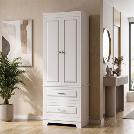 Armario de columna blanco 70x47x185cm con 2 puertas y 2 cajones - mueble auxiliar baño estantería con balda ajustable madera moderna para salón cocina pasillo (1/5)