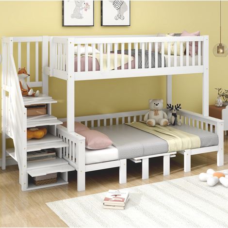 Letto a castello con tavolo regolabile 253x125.5x170 cm, scala contenitore, sponda di sicurezza, legno massello e MDF bianco (1/5)