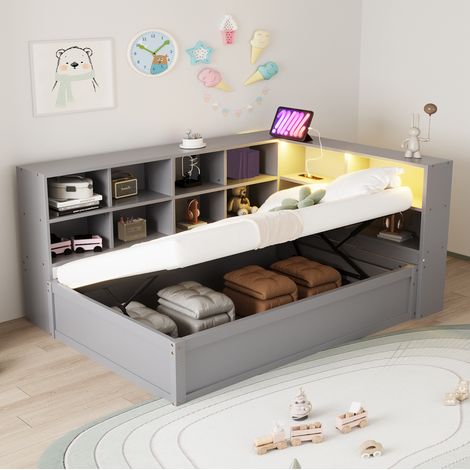 Letto multifunzionale 90x200 cm in legno massello/Pino, grigio, con testiera LED, prese e vani portaoggetti (1/5)