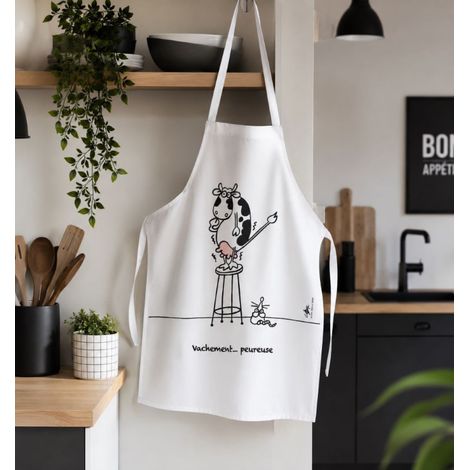 Tablier de cuisine humoristique « Vachement... peureuse » en coton – Blanc - Blanc (1/2)
