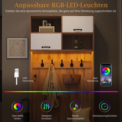 Armoire à vêtements, ensemble complet comprenant une armoire de jardin avec un siège, 5 crochets, 2 portes et 6 espaces de rangement ouverts. La couleur du bois naturel est le bois clair, et la couleu (1/5)