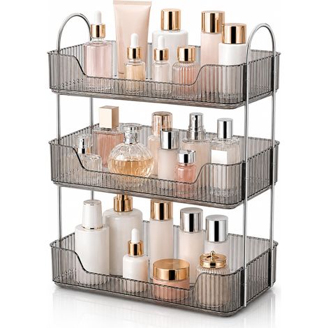 Organiseur de salle de bain à 3 niveaux, rangement pour cosmétiques et parfums (gris), grande étagère pour coiffeuse, salle de bain et plan de travail, design élégant (30 x 17 x 48 cm) (1/5)