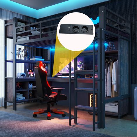 Lit mezzanine avec bureau 90 x 200 cm, style gaming, penderie, compartiments de rangement, éclairage LED, Prise de charge, noir (1/5)