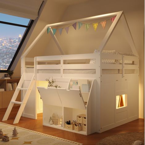 Lit mezzanine 140x200 cm en bois blanc avec escalier, rangements intégrés et LED (1/5)