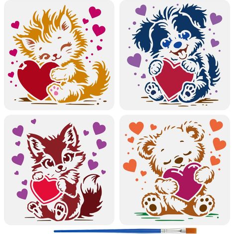 4 Pcs Pochoirs Animaux et Cœurs avec un Pinceau 15x15cm Chats Chiots Renardeaux Renards avec Cœurs Pochoir Peinture Gabarit Thème Animal Pochoirs pour Journal Artisanat DIY Décor Mur Sol (1/5)